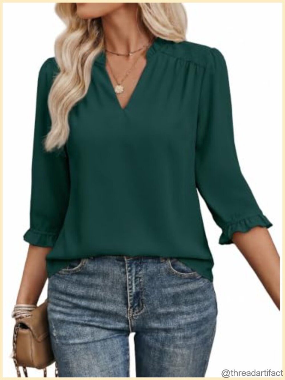 Women's V-Neck Ruffle 3/4 Sleeve Chiffon Blouse Dressy Casual Work Top